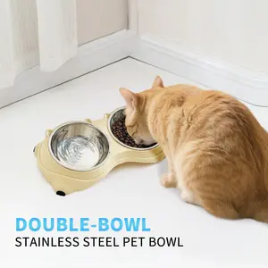 Anti slip base double cat food bowl, gray stainless steel food and water bowl, easy to clean and detachable design, cat and dog pet feeder