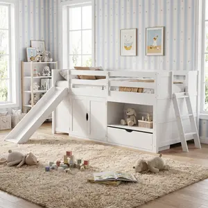 FUFU&GAGA Twin Size Low Loft Bed with Slide, Storage Cabinet & Drawer, White Wood Kids Bed with Ladder and Guardrail