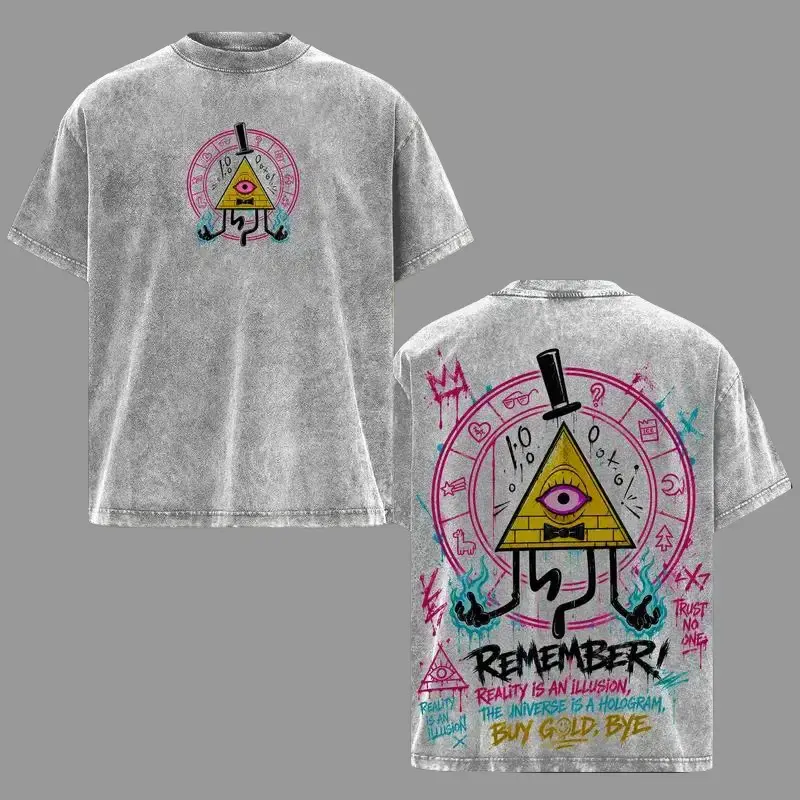 Men's Short-Sleeve Bill Cipher Gravity Falls Vintage Washed Oversized T-Shirt, Dark Fantasy Cartoon Graphic Heavyweight Cotton Streetwear, Retro Grunge Fan Gift Casual Crewneck Tshirt Menswear Tops