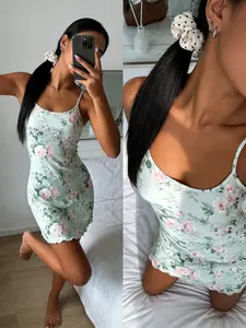 Mint Rose Print Cami Nightdress, Sleeveless, Wave Edge Design, Soft Breathable Home Sleepwear, Comfortable and Fresh Style