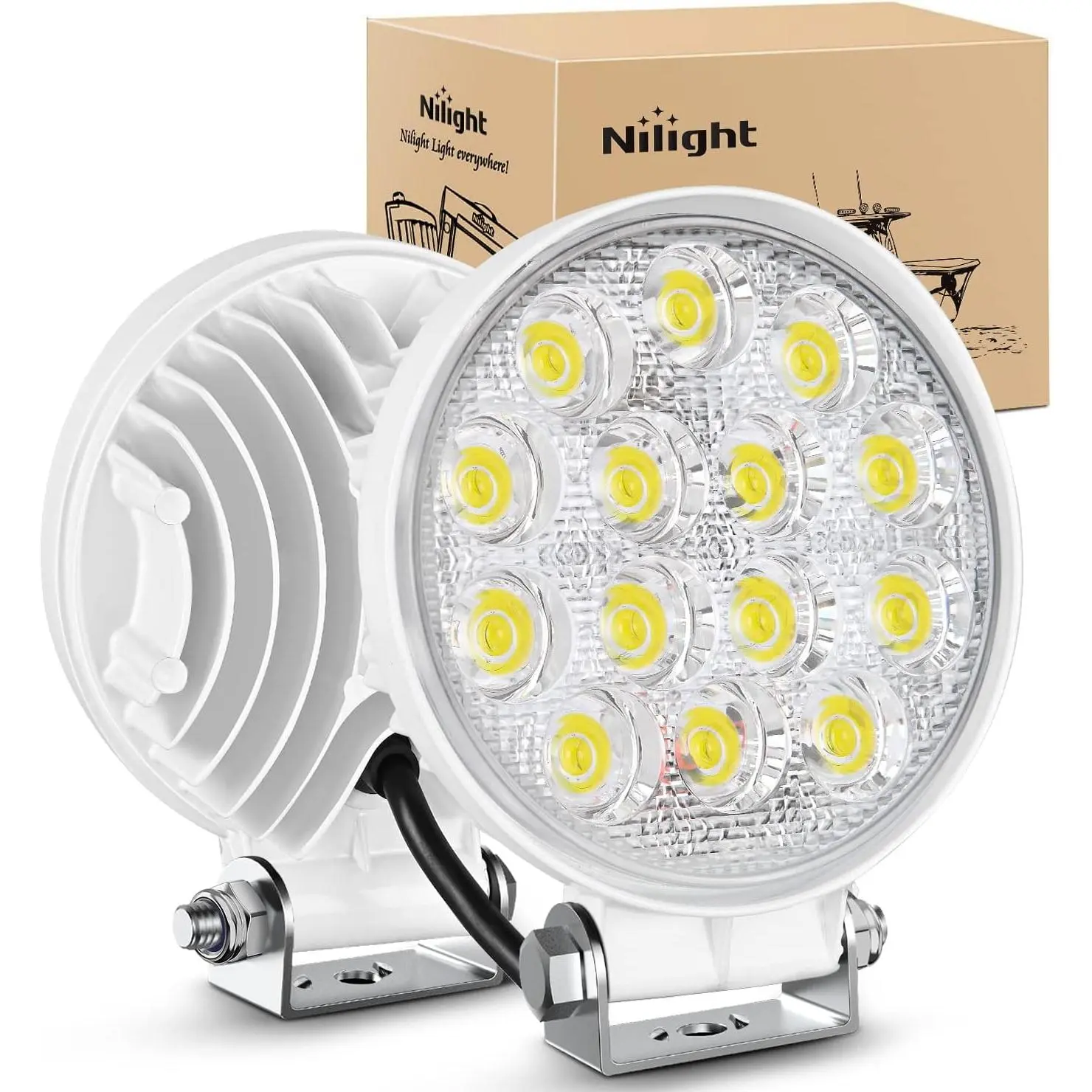 Nilight 4.5in 42W 4200LM White Flush & Bracket Mount Marine LED Pods - 2Pcs 14-LED Round Flood Beam Aluminum Alloy Work Lights, Hardware Included, 10-30V Waterproof, -40~85°C, 72-Hour Lab Salt Spray Test, Adjustable for Night Fishing, Boat Equipment