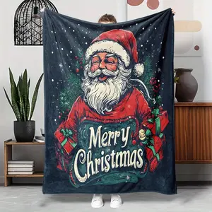 1pcs Christmas Happy Gift Theme Flannel Blanket, Digital Print, Sofa Bed Cover Blanket, Skin-Friendly Soft, Christmas New Year Gift, Suitable For All Year Round