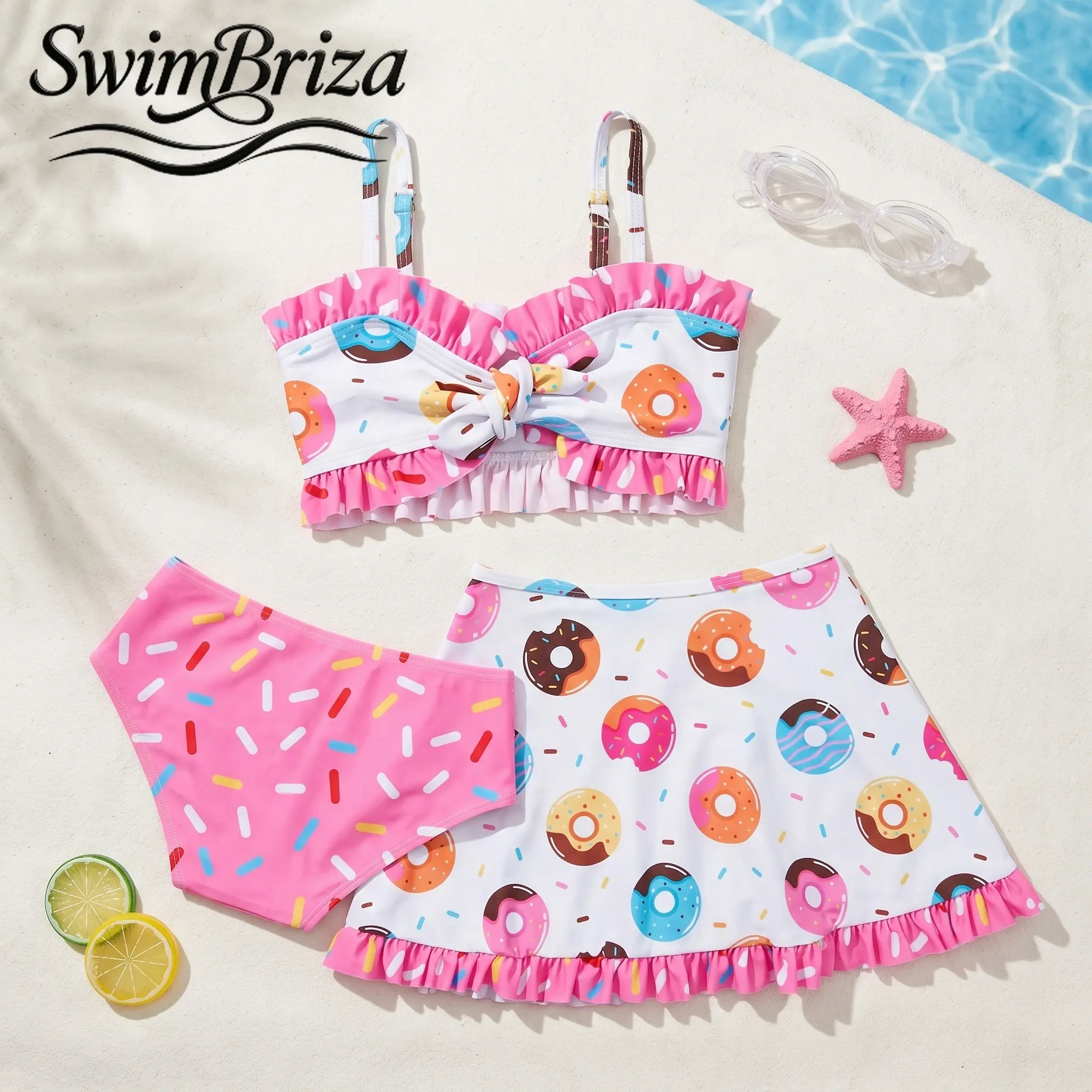 Briza｜Girls Ruffle Strap Bikini Set Pink Donut Sprinkle Print 2 Piece Swimsuit with Skirt and Shorts Beach Pool Swimwear, Girls Swimwear, Kids Bathing Suit, Two Piece Bathing Suit, Swim Shorts, Skirted Swimsuit, Ruffle Style, Swimming Water Play