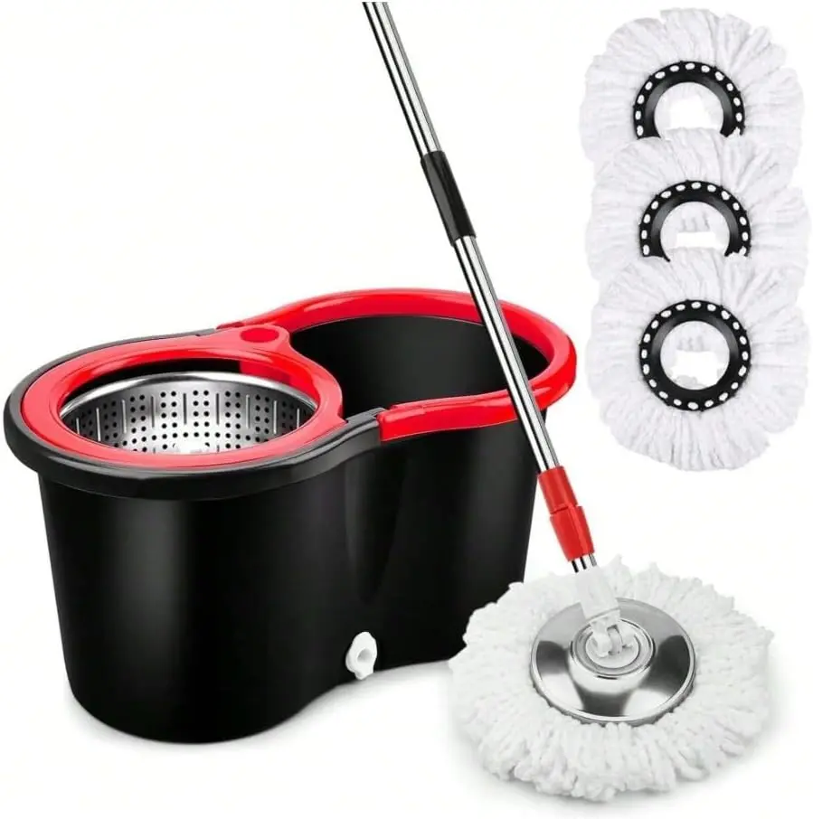 360° Rotating Mop and Bucket Set with Wringer, Stainless Steel Handle, Microfiber Heads, Black & Red, for Home, Kitchen (3 Mops) Adjustable Cleaning Lightweight