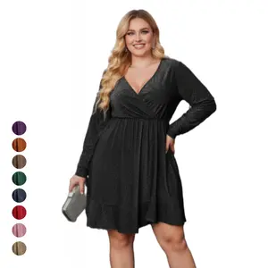 Plus Size Womens Glitter Dress V Neck Long Sleeve Ruffle Hem Swing Club Cocktail Party Dresses Chic Formal