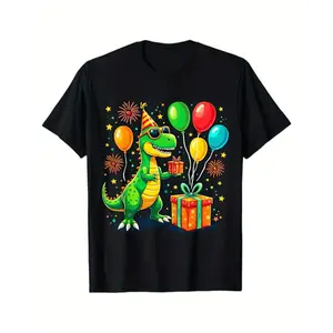 Men's T-Rex Birthday Party Dinosaur Graphic T-Shirt - 100% Cotton, Short Sleeve, Round Neck, Black with Colorful Dinosaur & Balloons Design, Casual & Fun for Daily Wear y2k  outfits  men time  tee  shirt  backwards   Shortsleeve Menswear