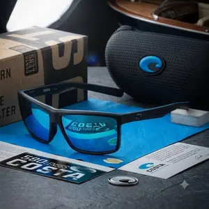 Costa 580G Polarized Sunglasses Blue Mirror Lens Black Rectangular Frame Men’s Fishing Boating Driving Outdoor Sport UV400 Protection Travel Shades