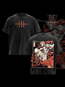 Anime "Demon Slayer Upper Moon" Graphic Print Washed Fitted T - Shirt, Trendy Streetwear with Otaku Retro Vibe, TikTok - Popular Fashion Item