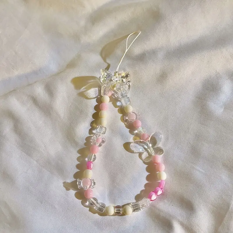 Coquette Bow Pink Butterfly Phone Strap Phone Charm Shimmery Spring Summer Phone Accessories Beaded Charms Phone  Kindle Strap