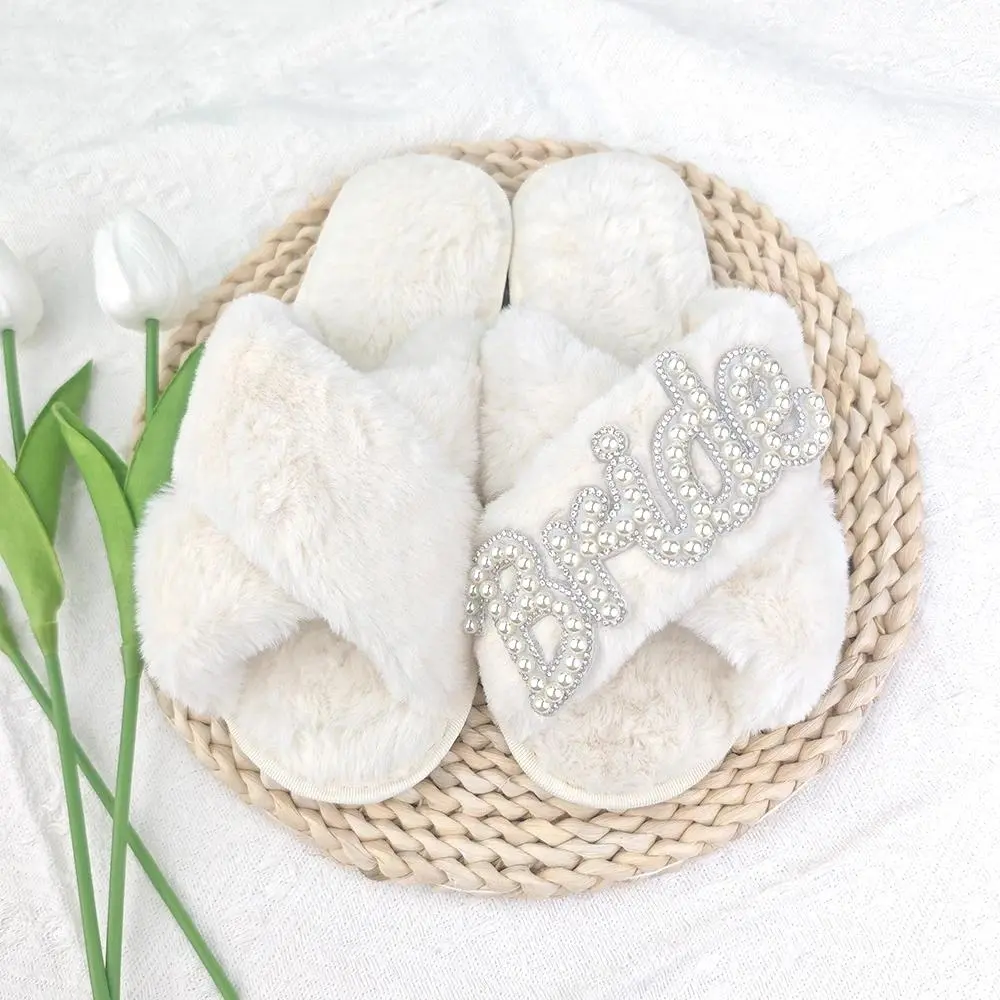 Bride To Be Fuzzy Soft Pearl Slippers Warm Comfortable Footwear for Wedding Bachelorette Bridal Shower Honeymoon Bride Gifts