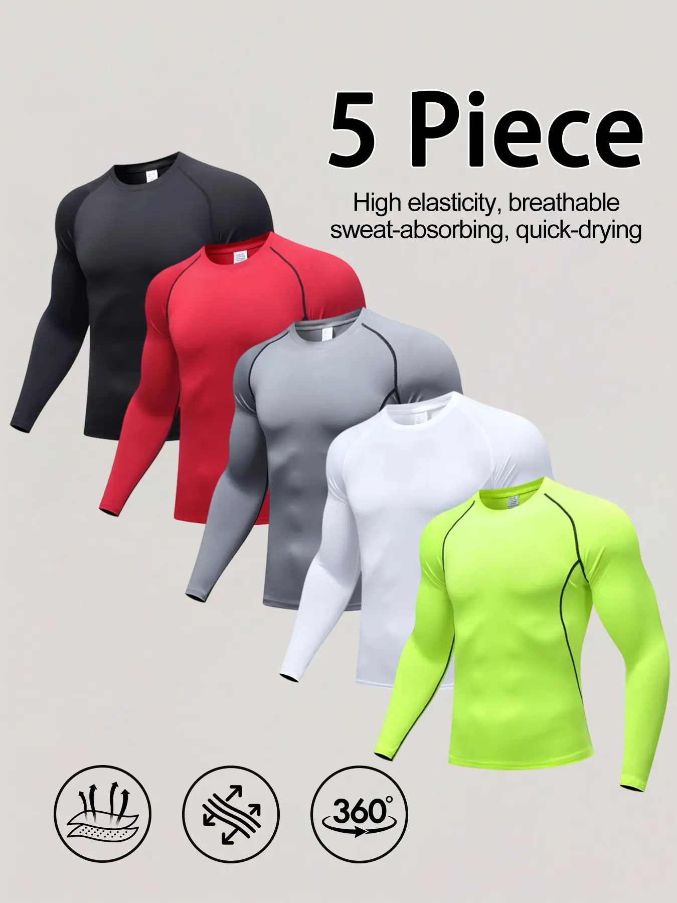 Men’s Compression Long Sleeve Shirts 5 Pack, Quick Dry Athletic Workout Tops, Breathable Sweat Wicking Sweat Absorbing High Elastic Stretch Sport Undershirts Gym Running Cycling Basketball Multi-Sport Base Layer Tees