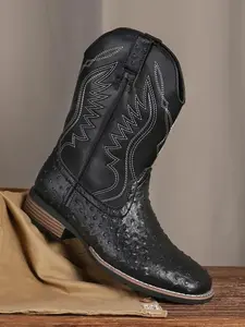 Men's Western Style Cowboy Boots, Embroidered, Anti-Square Toe, Thick Heel Wear-Resistant Shoes0IZb