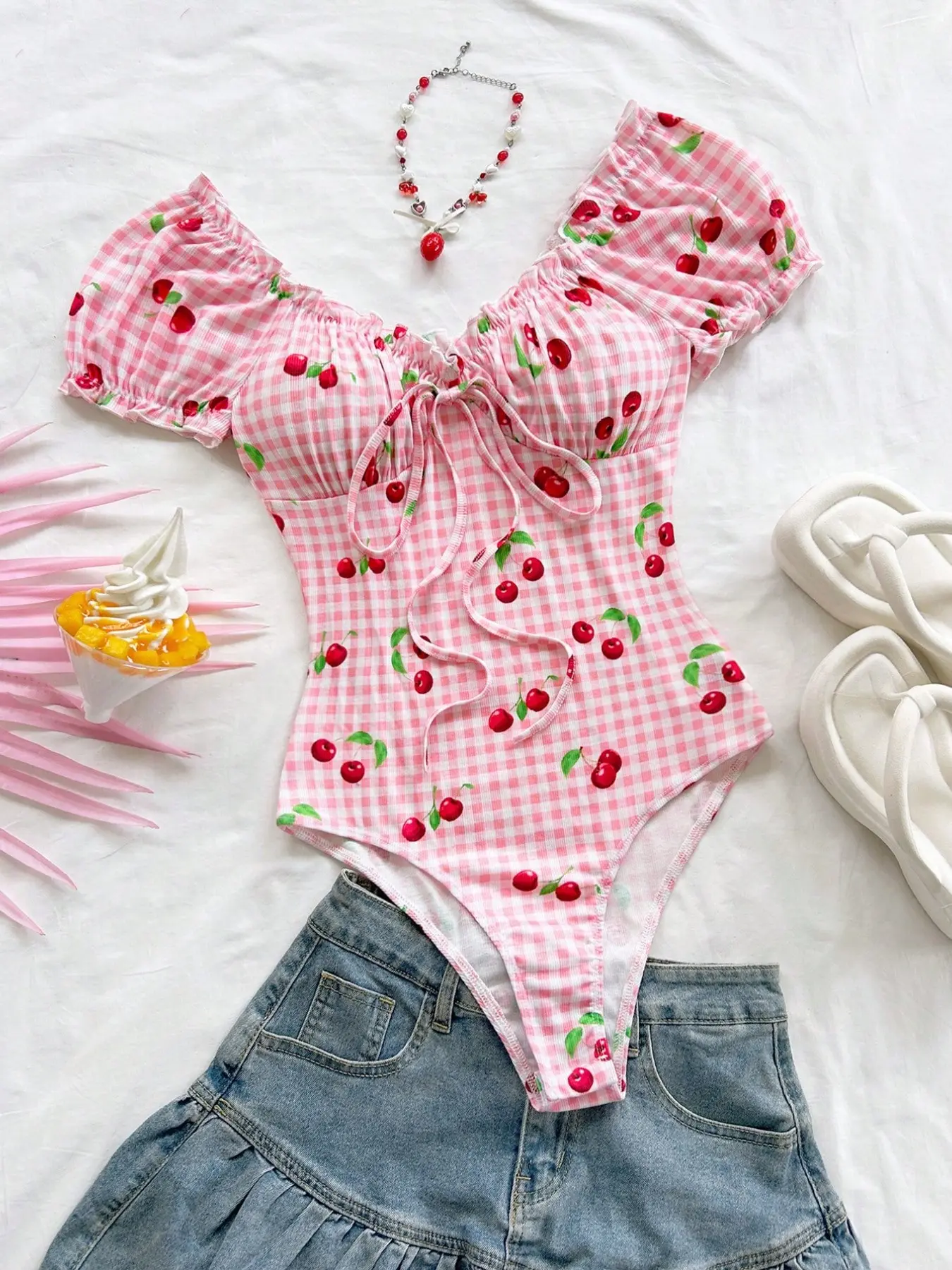 Summer Sweet Cute Girl Cherry Pattern Bubble Sleeve Ruched V-Neck Slim Fit Top, Adorable Girls' Clothing, Trendy Summer