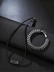 Silver Dragon Bone Necklace & Bracelet Set, Gothic Punk - Style Jewelry Sets with Edgy Dragon Spine Detail & Leather Strap, for Men & Women, Daily & Alternative Fashion Occasions