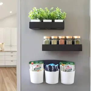 Magnetic Spice Rack for Refrigerator - Strong Magnetized Shelf for Fridge Storage - 2 Pack with Bonus Storage Cups and 4 Moveable Hooks - Versatile Space-Saving Kitchen Organizer Shelves