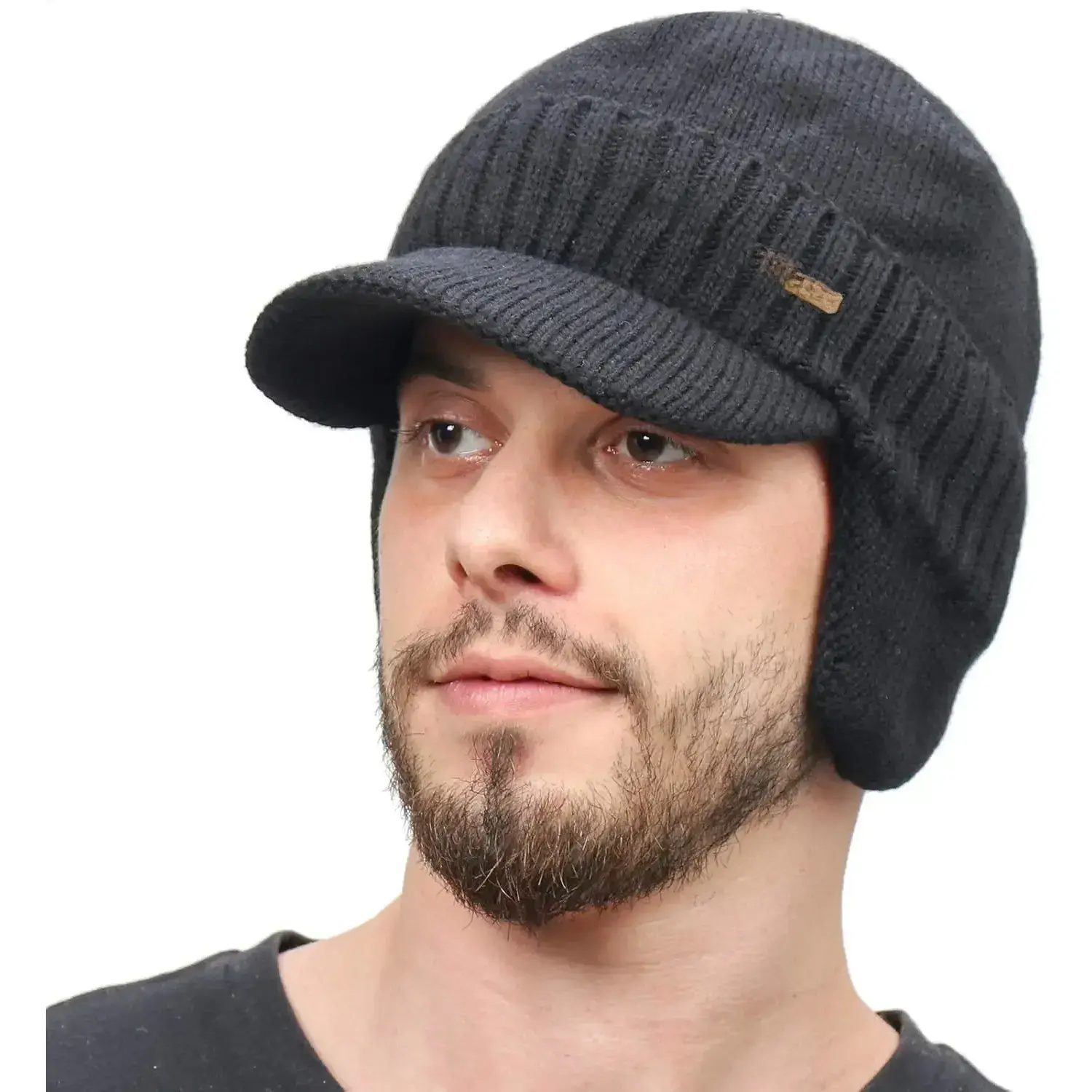 Men's Cable Knit Winter Hat and Scarf Set, Wool Blend Visor Beanie with Windproof Earflaps and Thermal Fleece Lining, Acrylic, Snug Size, Brim 2.36’’, Casual, Fitted