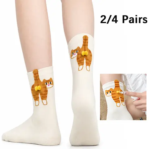Diuhabo 2/4 Pairs Cute Cat Socks with Balls, Cat Socks for Women Men, Cotton Novelty Funny Animal Cute Crew Sock for Women Men Cats Lovers Gift