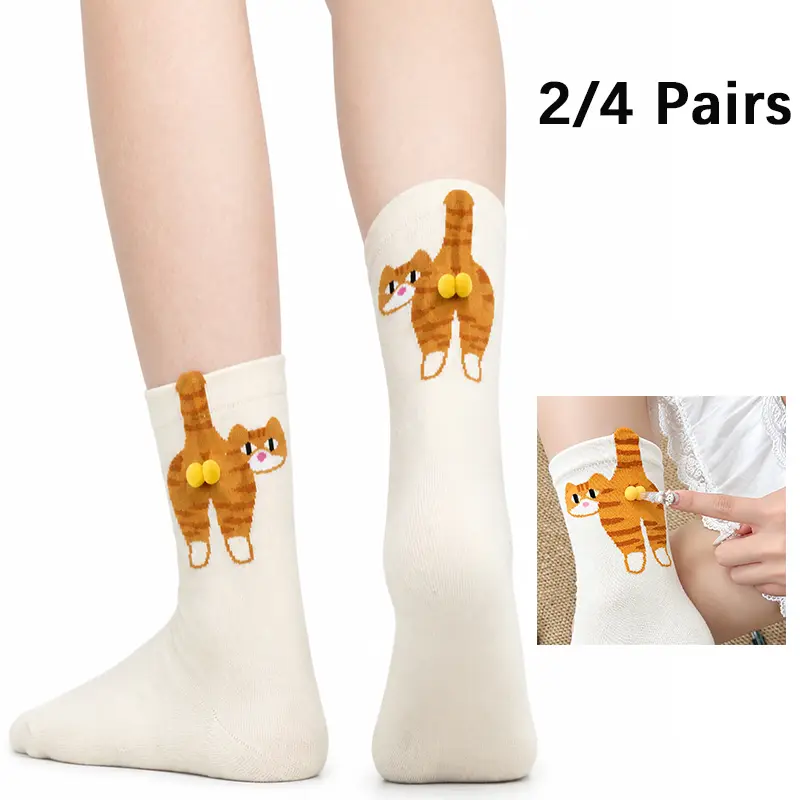 Diuhabo 2/4 Pairs Cute Cat Socks with Balls, Cat Socks for Women Men, Cotton Novelty Funny Animal Cute Crew Sock for Women Men Cats Lovers Gift