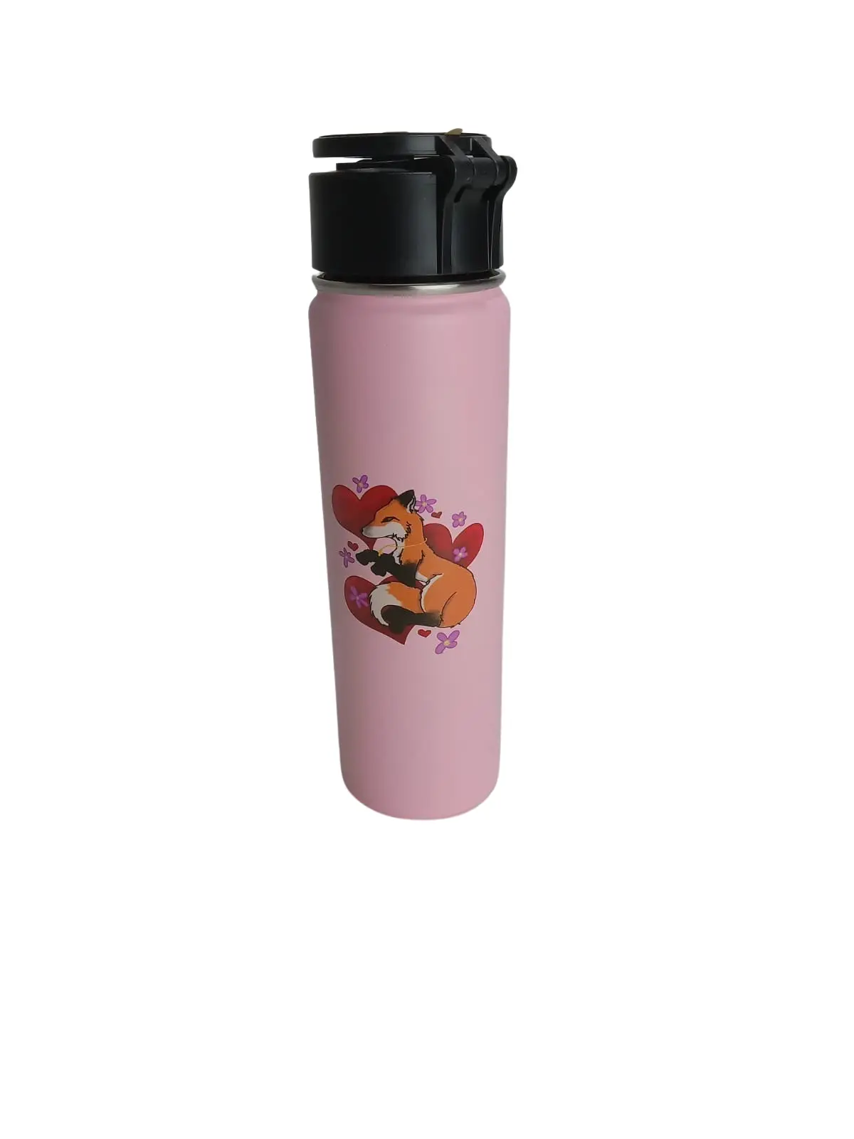 FuzzyTailz Portable Lightweight Stylish Vacuum Sealed Stainless Steel Flask - BPA-Free, Leak-Proof, Straw Lid with Magnetic Phone Holder, 20 oz Drink Bottle (Pink Fox Design)
