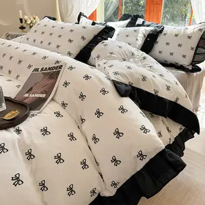 3-Piece Girls Room Bedding Set, French Style Bow Ruffle Design, Include 1Pc Duvet Cover & 2Pcs Pillowcases, Soft Comfortable for All Seasons