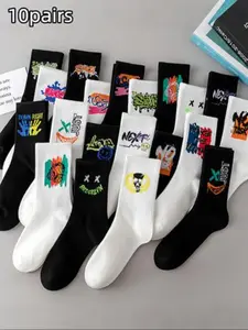 Men Women Graffiti Letter Crew Socks, Sweat-Wicking Breathable Mid-Calf Casual Sports Style, Random Color Mix Pack