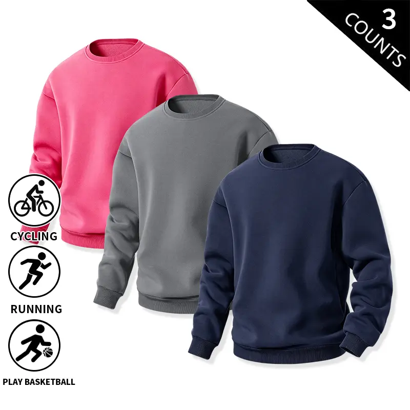 3-Pack Men’s Crew Neck Sweatshirts, Solid Color Long Sleeve Pullovers, Soft Fleece, Casual Workout Shirts for Running, Cycling, Basketball, Everyday Wear, Basic Loose Fit Sweatshirt Set — Pink, Gray, Navy