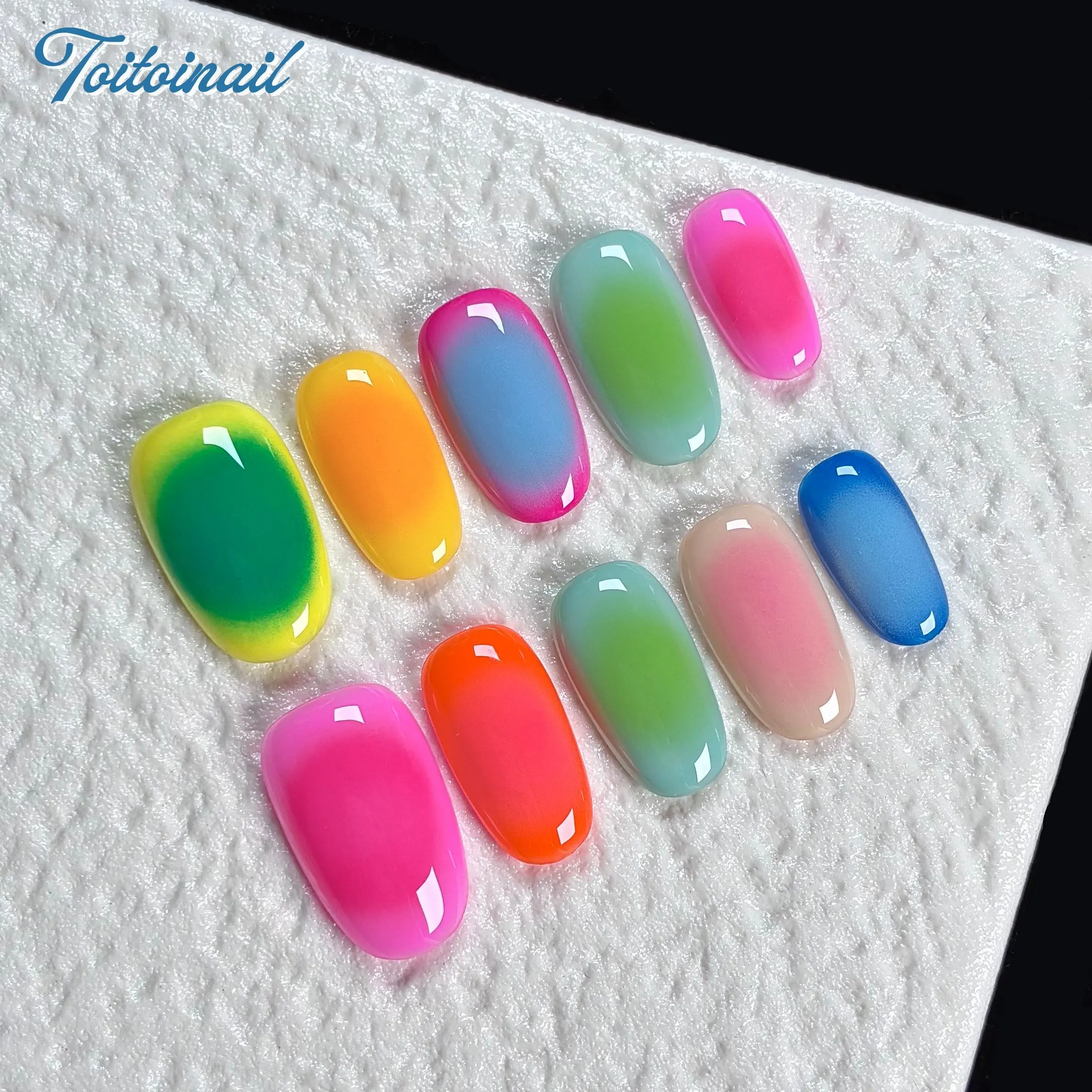 Neon Dream Handmade Press-On Nails, Nails Press Ons, Medium Oval Shape, 10pcs Glossy False Nails, Sheer Neon Gradient Blush Wash, Summer Dopamine Aesthetic, For Daily, Vacation, Party Wear, Reusable Nail Art