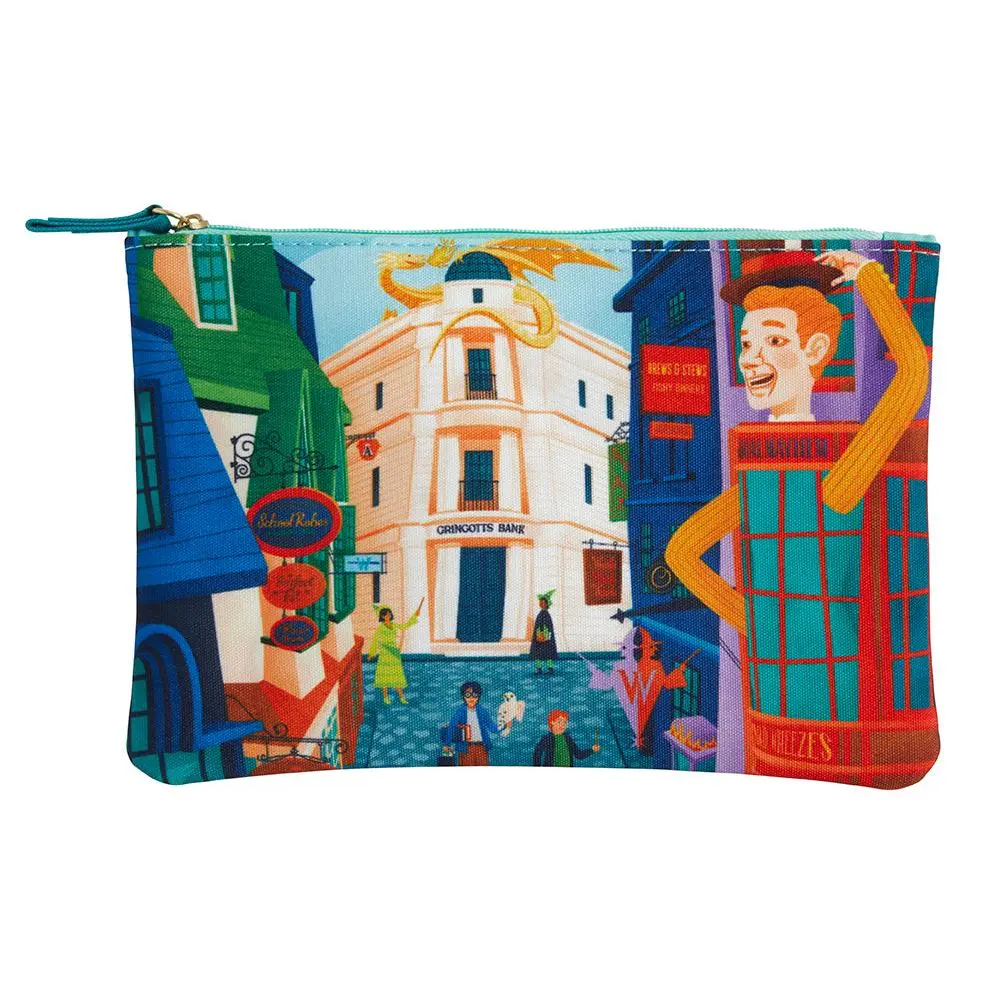Official Harry Potter Diagon Alley Graphic Accessory Pouch - Illustrated Nylon-Cotton Blend Multi-Function Makeup Bag, 8.75in x 6.875in, Durable Zipper, Makeup Organizer, Travel Essential for All Ages, Travel Cosmetic Bags