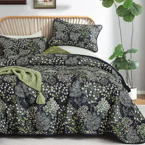 Floral Quilt Set  Size, Colorful Botanical Farmhouse Quilt  Set, Lightweight Microfiber Navy Blue Bedspread Set with 2 Pillowcases (96"x90")