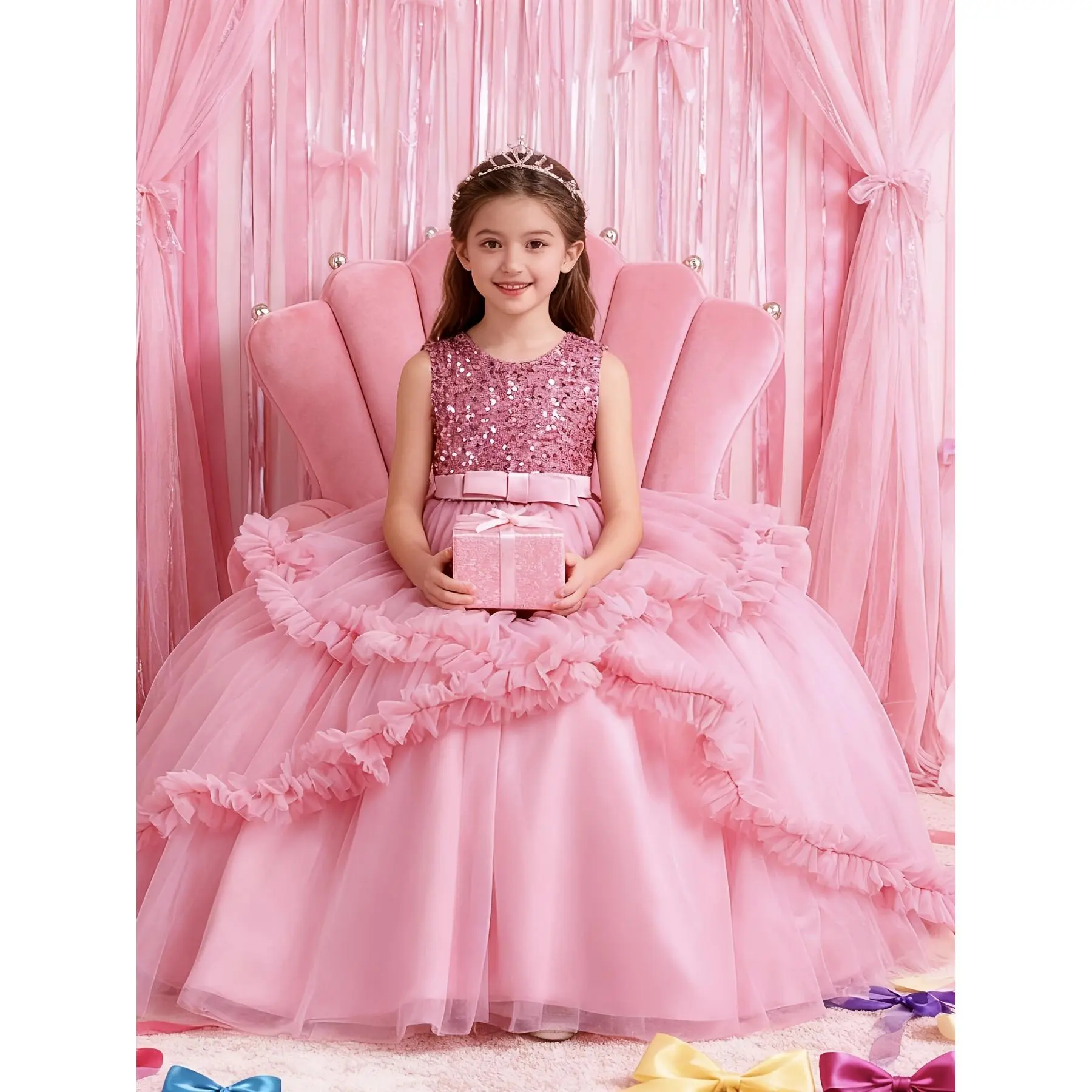 Girls' Formal Princess Aesthetic Gown with Sequins, Sleeveless A-Line Tulle Dress with Ruffle Detail and Large Bow for Parties, Kids Clothing Girls, Polyester Blend, All Seasons
