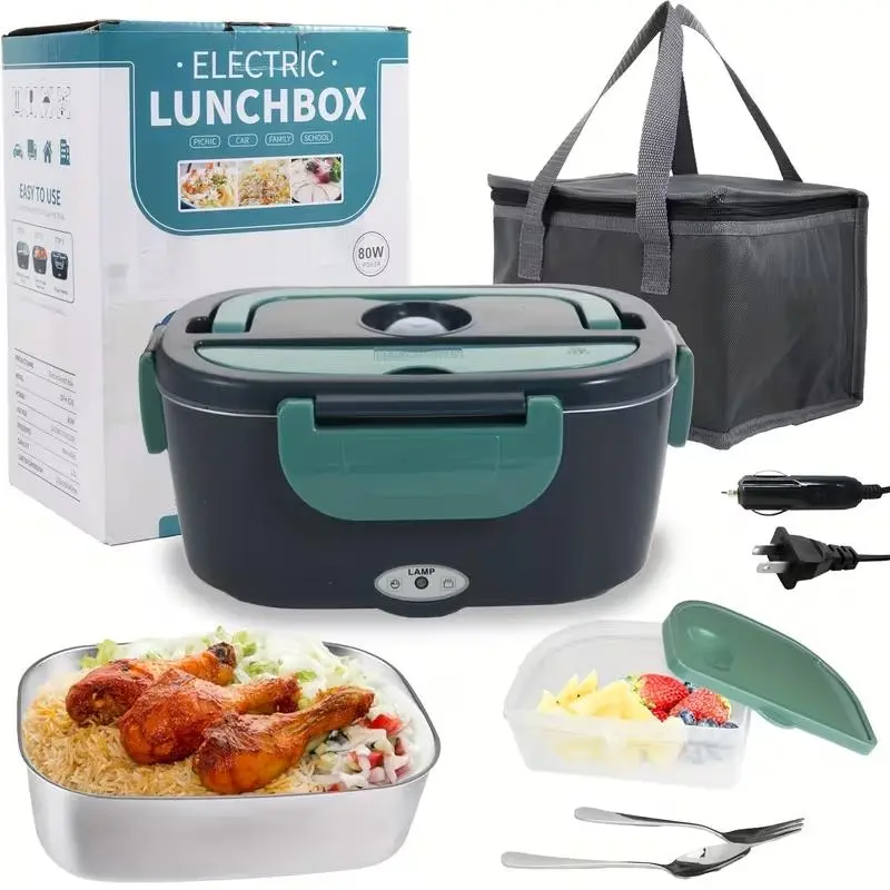 Stainless Steel Thermal Leakproof Lunch Box 50.72oz - 110V Home, 12V/24V Car Portable Food Warmer, W/ Fork & Insulated Bag, for Truck Drivers, Office, Travel (Fast Heating), Thermal Lunch Box