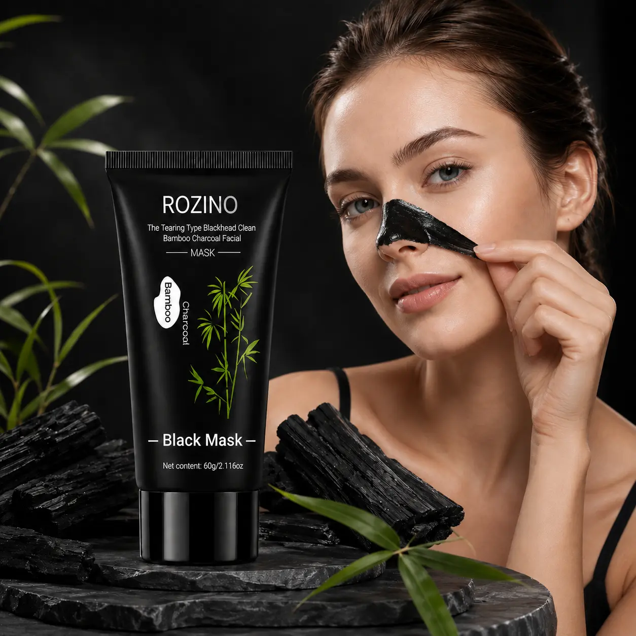 ROZINO Bamboo Charcoal Black Peel Off Mask, Deep Clean Facial Mask for Blackhead & Pore Care, Charcoal Purifying Face Mask for Excess Oil Control, Smooth-Looking Skin, At-Home Spa Skincare Treatment, 60g