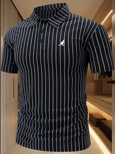 Men's Summer Striped Polo Shirt, Kangaroo Print, Cool Mesh Short Sleeve, Casual Business Turn-Down Collar, Comfortable Mid-Elastic Top Gift