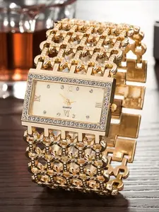 1pc Women's Gold Stainless Steel Strap Fashion Rhinestone Decorated Watch Square Dial Simple Elegant Quartz Watch, Suitable For Daily Decoration And Holiday Gifts