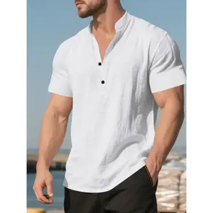 Men's solid-color Plain V-neck short-sleeved cropped linen shirt, with Manfinity Modagents relaxed fit design. Suitable for daily casual wear and beach and seaside vacations.