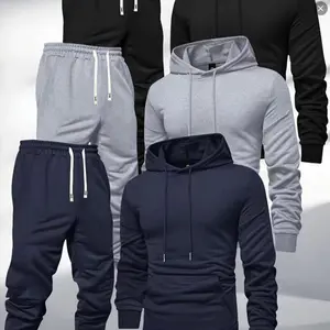 high quality 3-Pack Men'S Casual Sports Hoodie and Sweatpants Set, Solid Color, Long Sleeve Pullover Pocket, Knit Polyester, Slight Stretch, Regular Fit, Elastic Waist with Drawstring, Ribbed Cuff Pants - Spring/Fall Athletic Outfit Clothing Tops