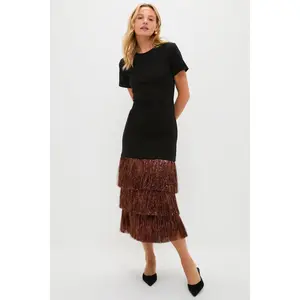 Black & Bronze Metallic Fringe Francie Short Sleeve Maxi Dress