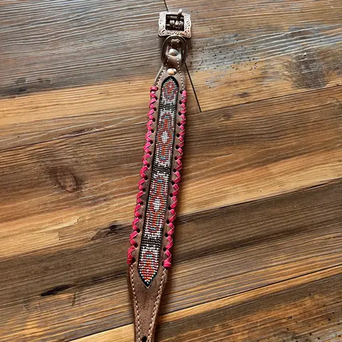 Genuine Leather Dog Collar - Dog Accessories with Pink, White, Gold Southwest Beaded Inlay Design and Rawhide-Wrapped Edge