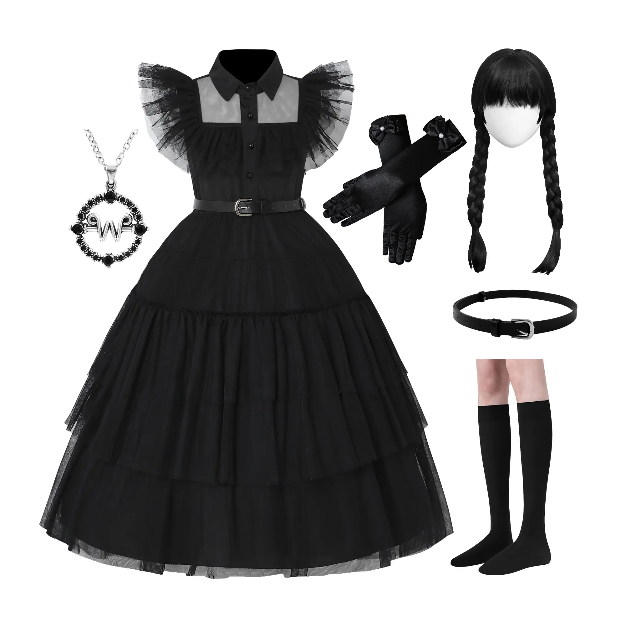 Girls' Black Halloween Costume Dress, 6-Piece Character Set with Custom Wig, Kids Party Wear & Carnival Costumes, Costumes For Girls