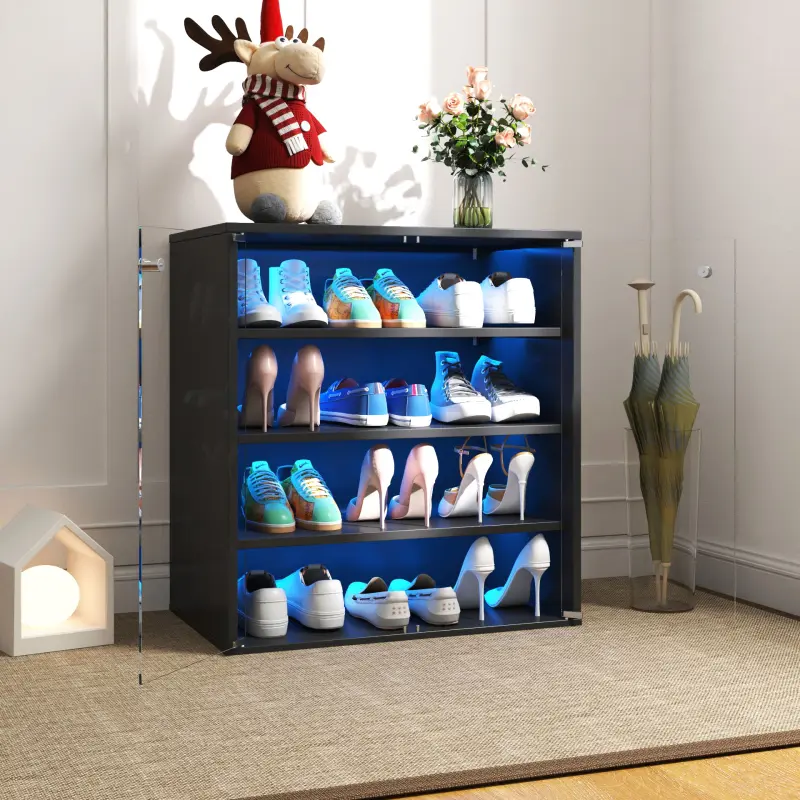 Shoe Cabinet with RGB LED Light, Wooden Stackable Shoe Storage Box with Glass Door, Shoe Storage Bin Shoe Display Case for Sneakers (4 Tier-1)