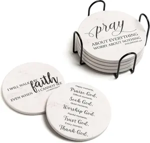 Set of 6 Absorbent Ceramic Drink Coasters with Bible Verses and Cork Backing, Table Protection for Home, Perfect Christian Gifts, Stylish Coaster Holder Included, Hoomey