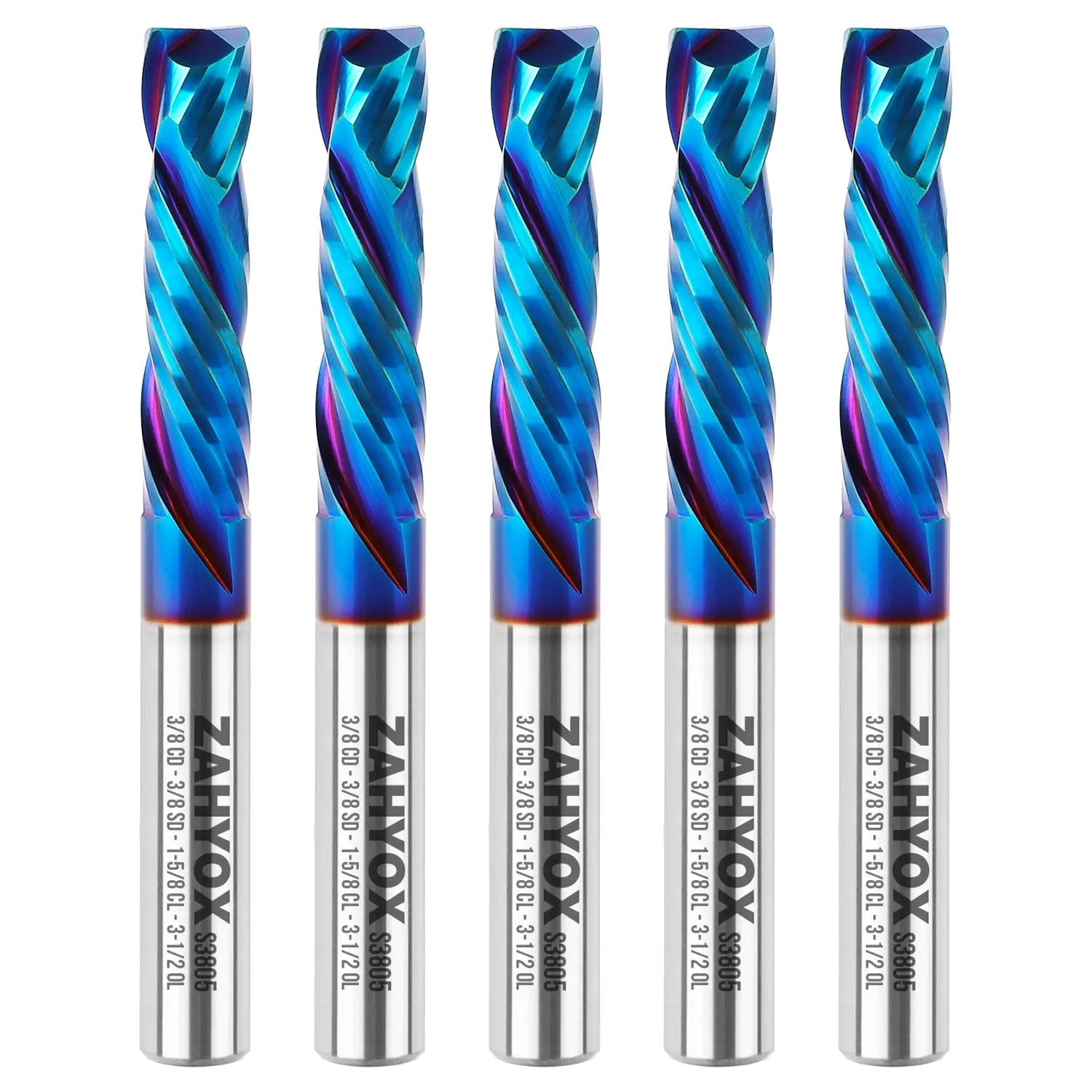 S3805 (5pack) 3/8" Shank Solid Carbide Compression nACo Coated CNC Spiral Router Bit - 2 Flutes - 3/8" Cutting Dia - 1-5/8" LOC - 3-1/2" OAL
