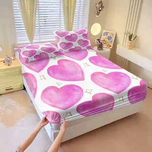 Pink heart-patterned fitted sheet set, Soft breathable sheet, 1 fitted sheet & 2 pillowcases, without filler, featuring watercolor-style pink hearts & golden starlight, creates a romantic atmosphere, great gifts for anniversaries