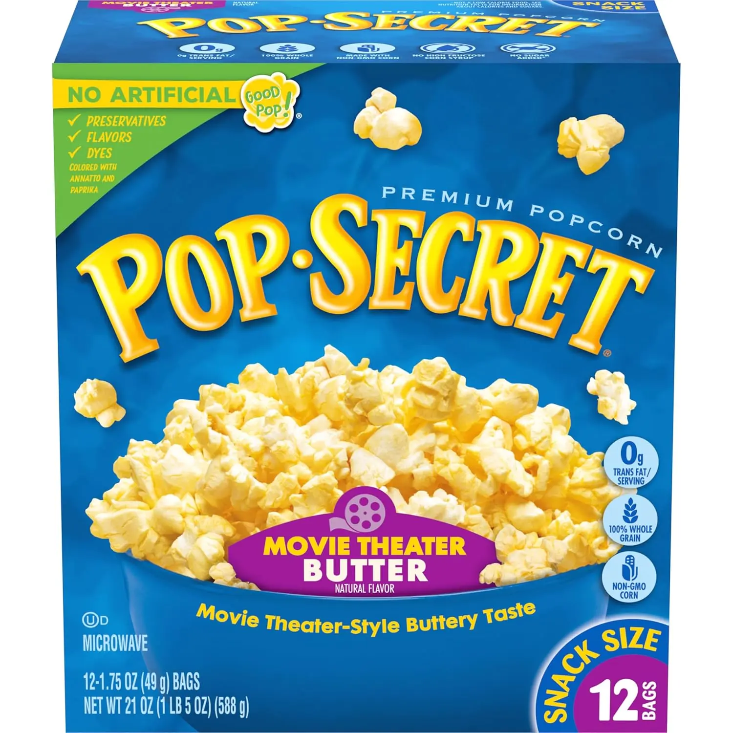 Movie Theater Butter Microwave Popcorn, 1.75 oz Snack Bags – Buttery Microwave Popcorn for Movie Nights, 12 Pack