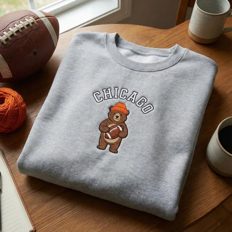 Chicago Bear Embroidered Sweatshirt, Football Crewneck, Chicago Football Fan Gift, Embroidered City Crewneck, Sports Team Spirit Apparel