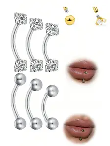 3-Piece Stainless Steel Jewelry Set, Body Piercing Jewelry, Eyebrow Lip Belly Piercing Rings, Cz Cubic Zirconia Styles, 6-10mm Sizes, All Season Wear