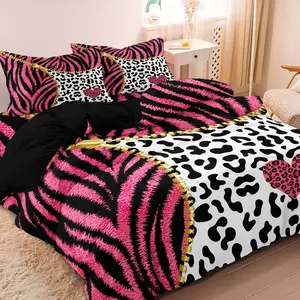 3pcs Duvet Cover Set With Rose Red Zebra Stripe Leopard Print Duvet Cover Soft, , （Includes 1 Duvet Cover And 2 Pillowcases, No Core)