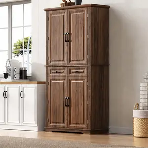 ARCH 71" Tall Farmhouse Kitchen Pantry Cabinet with 3 Pullout Organizers, Embossed Texture, 6 Door Shelves, 2 Drawers, Freestanding MDF Walnut Finish Pullout Tall Cupboards for Dining Room