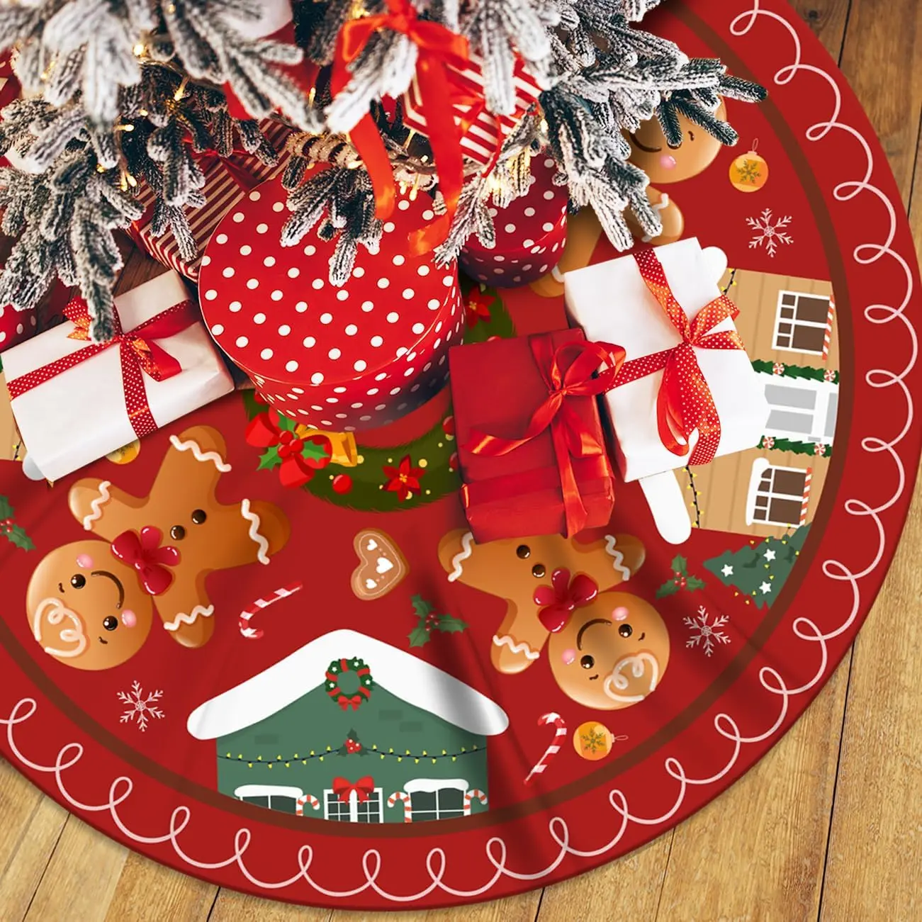Christmas Tree Skirt 48inch Christmas Gingerbread Tree Skirt Gingerbread House Tree Skirt Ornaments Christmas Tree Mat for Winter Holiday Home Party Decorations