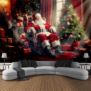 Christmas Wall Tapestry Santa Claus Fireplace, Cozy Aesthetic Holiday Backdrop Soft Polyester Fabric, No Electricity Needed Lightweight Easy Hanging Wall Art Decor for Home Party
